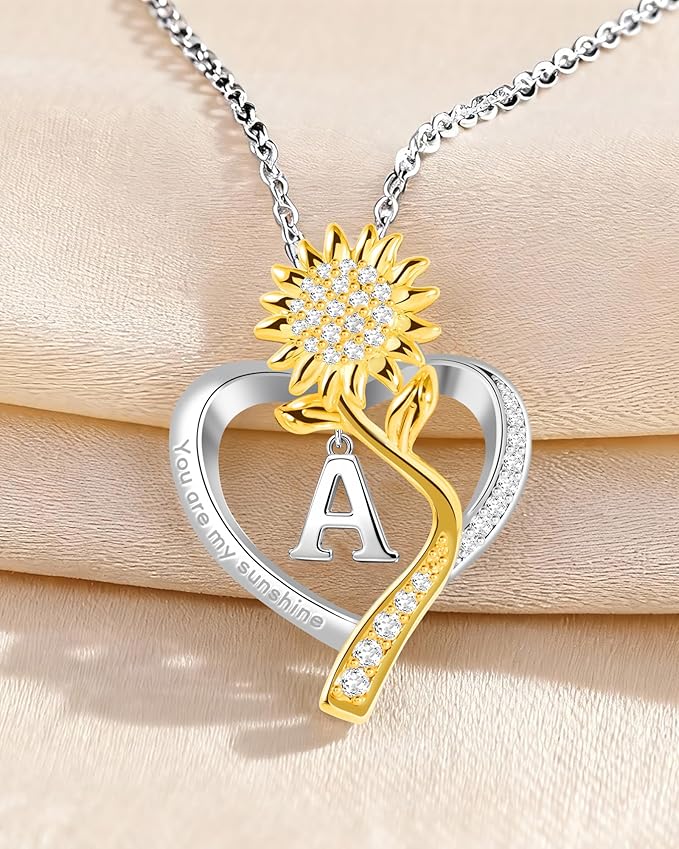 Birthday Gifts for Women Preserved Real Rose with Sunflower Initial Necklace - Birthday Gifts for Women Her Mom Wife on Valentines Mothers Day Christmas Anniversary Romantic with Pendant A