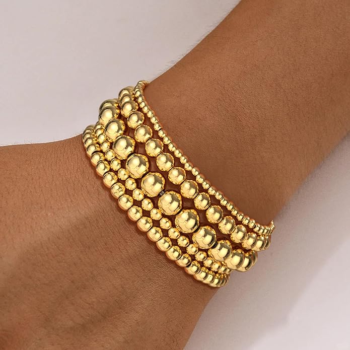 Gold Bead Bracelets for Women Girls - 14K Gold Plated Dainty Round Bead Ball Pearl Cross Bracelet Stack for Women Teenage Girls Stackable Jewelry Christmas Gifts