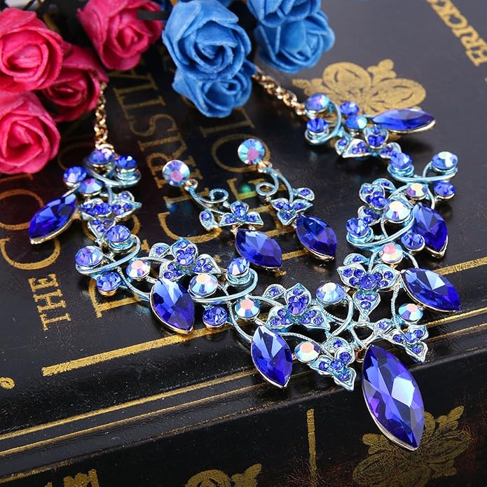 BriLove Women's Costume Fashion Crystal Floral Vine Leaf Statement Necklace Dangle Earrings Set