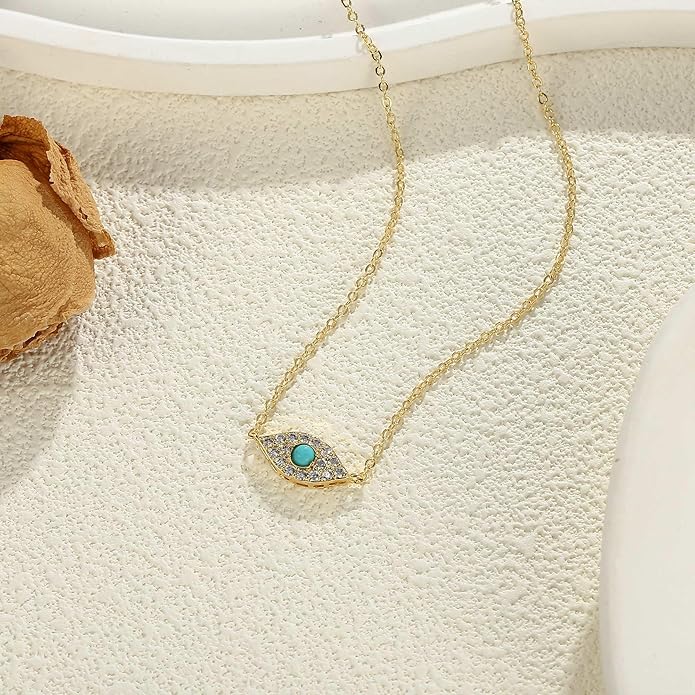 Evil Eye Necklace for Women 14K Gold Plated Delicate Necklaces Blue White CZ Diamond Pendant Necklace Cute Boho Tiny Evil Eye Lucky Protection Jewelry Gift for Women