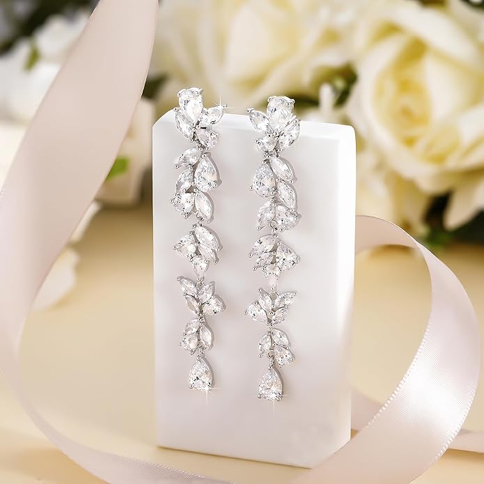 EAMTI Silver Dangle Earrings for Women Cubic Zirconia Marquise Bridal Wedding Earrings 925 Sterling Silver Post Engagement Earring