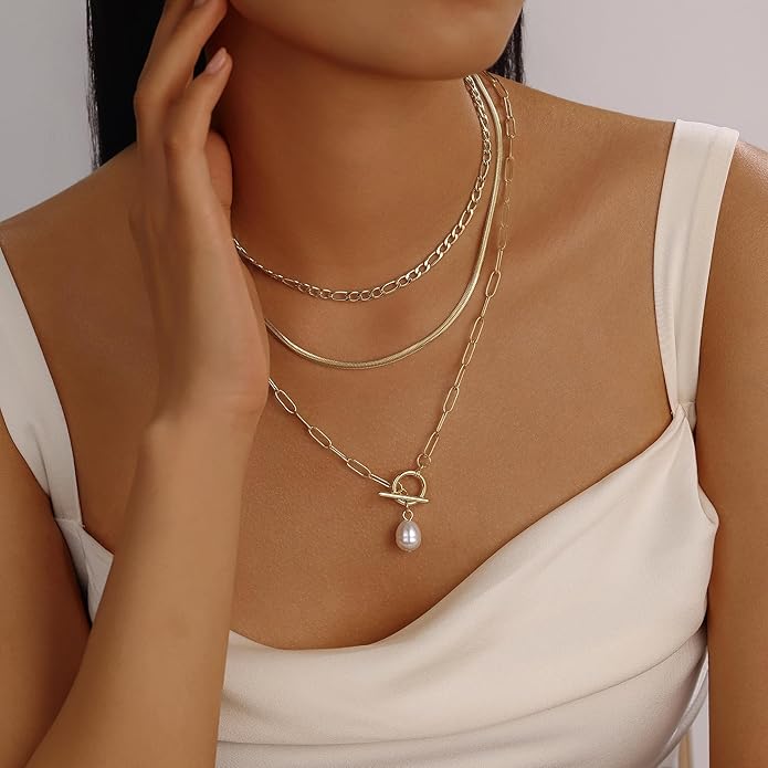 Evabelle Gold Layered Necklace for Women Trendy Jewelry 14K Real Gold Plated Chunky Chain Stackable Necklaces Dainty Choker Necklaces Rectangle Square Pendant