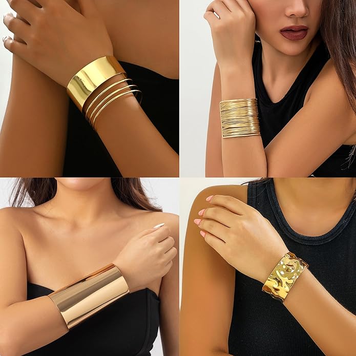 6 Pcs Chunky Golden Cuff Bracelets for Women Open Adjustable Arm Bracelet Golden Wrist Cuff Wrap Bracelet