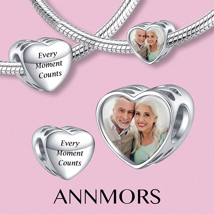 Annmors Personalized Photo Charms For Bracelets/Necklace 925 Sterling Silver Love Heart Shaped Engraved Customize Picture Gift for Birthday Mother's Day,Bead Charms Jewelry for Women