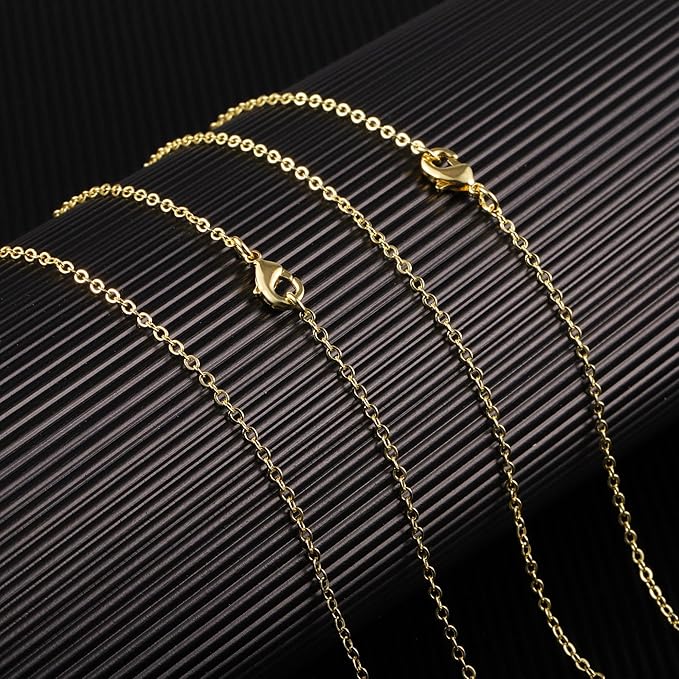 Wholesale 12 PCS Gold Plated Brass Flat Cable Chain Finished Necklace Chains Bulk for Jewelry Making (18 Inch(1.5MM))