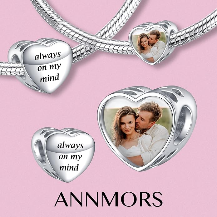 Annmors Personalized Photo Charms For Bracelets/Necklace 925 Sterling Silver Love Heart Shaped Engraved Customize Picture Gift for Birthday Mother's Day,Bead Charms Jewelry for Women