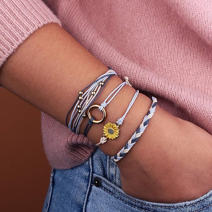 FANCY SHINY Sunflower String Bracelet Boho Braided Rope Wrap Bracelets Cute Summer Beach Surfer Jewelry for Women