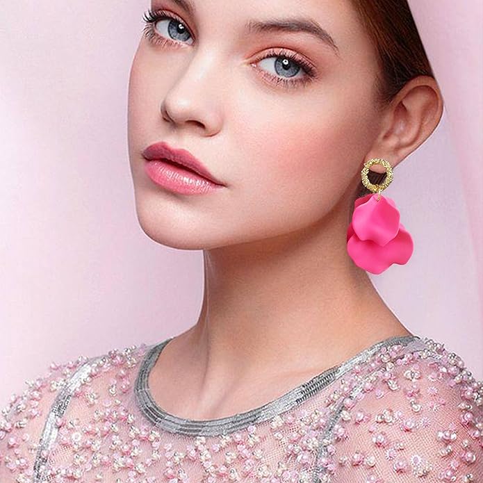 Anmpab Statement Matte Rose Flower Petal Stud Earrings for Women Dangly Floral Petal Earrings Jewelry Accessories Romantic Gifts for Her Women