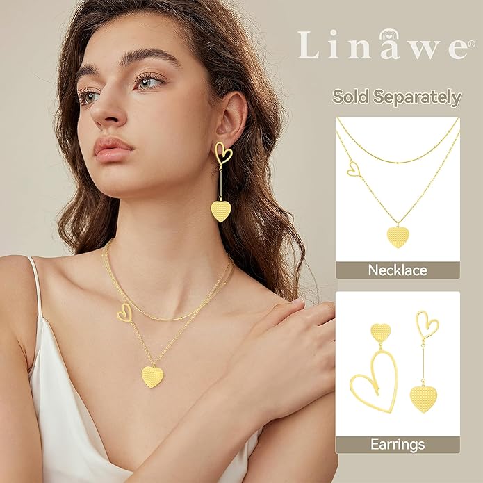 Linawe Layered Choker Heart Pendant Necklace for Women Trendy, Gold/Silver/Rose Gold Chain Stainless Steel Stacked Necklaces, Double Heart Necklace Y2K Preppy Jewelry