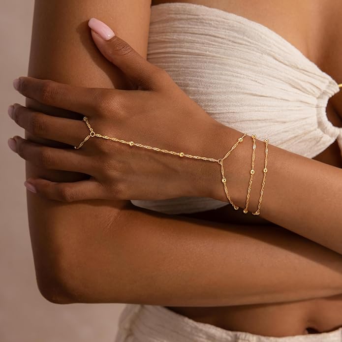 Valentine Gift 14K Gold Plated Hand Chain Bracelet for Women Trendy, 2 Pcs Stackable Gold/Silver Finger Ring Bracelet Hand Chain Dainty Non Tarnish Waterproof Set Jewelry Adjustable 7'+2
