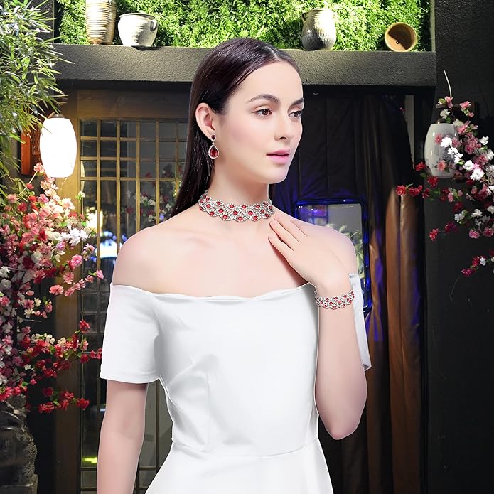 3/4 Pieces Women Jewelry Set Artificial Rhinestone Crystal Bride Statement Choker Necklace Tiara Crown Link Bangle Bracelet Teardrop Dangle Earrings Set