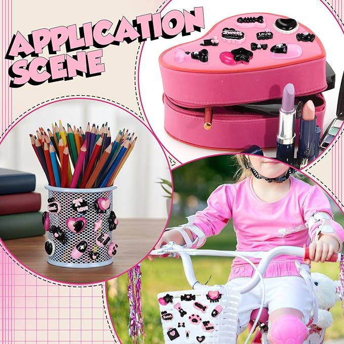 Giegxin 40 Pcs Pink and Black Valentine's Day Resin Charm Love Heart Bow Star Cat Claw Bone Meteor Flatback Cabochon Accessories Cute Embellishment Bulk for Jewelry Cellphone Case Scrapbooking DIY
