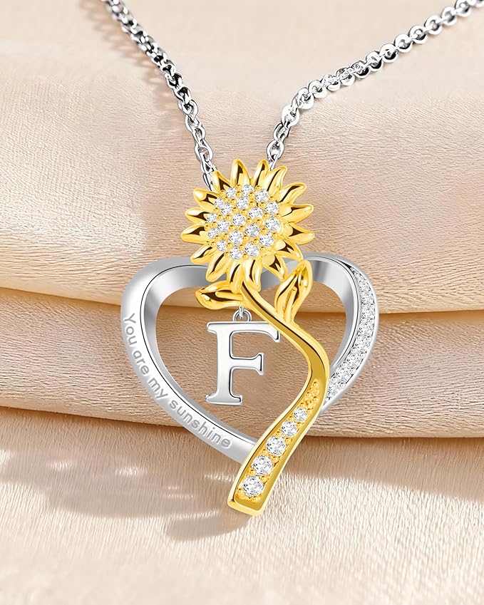 Birthday Gifts for Women Preserved Real Rose with Sunflower Initial Necklace - Birthday Gifts for Women Her Mom Wife on Valentines Mothers Day Christmas Anniversary Romantic with Pendant F
