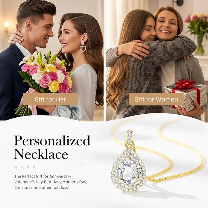 Valentine's Day Gift for Wife/Her-18K Gold Plated Teardrop Birthstone Necklace- with Light-Up Gift Box,Jewelry for Women,Anniversary Birthday Gifts for Women Her Wife Girlfriend Mom,Womens Jewelry