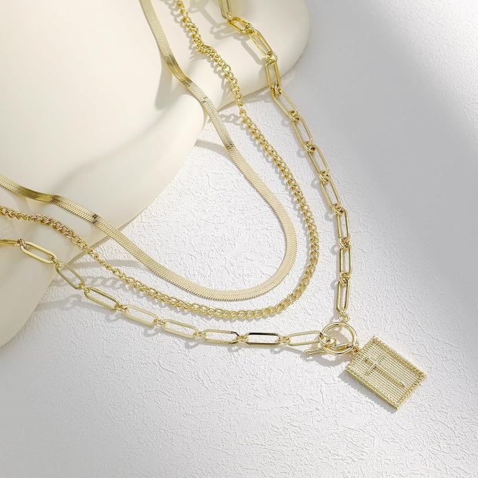Evabelle Gold Layered Necklace for Women Trendy Jewelry 14K Real Gold Plated Chunky Chain Stackable Necklaces Dainty Choker Necklaces Rectangle Square Pendant
