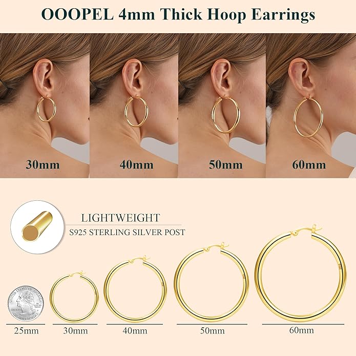 4mm Thick Gold Chunky Earrings Steling Silver Post Hoops Earrings For Women Hollow Tube Hoops Earrings Thick Gold Hoop Earrings Hypoallergenic Lightweight Gold Hoop Large Earrings 20/30/40/50/60MM