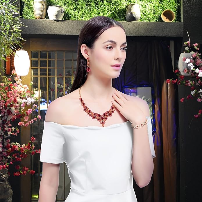 3/4 Pieces Women Jewelry Set Artificial Rhinestone Crystal Bride Statement Choker Necklace Tiara Crown Link Bangle Bracelet Teardrop Dangle Earrings Set