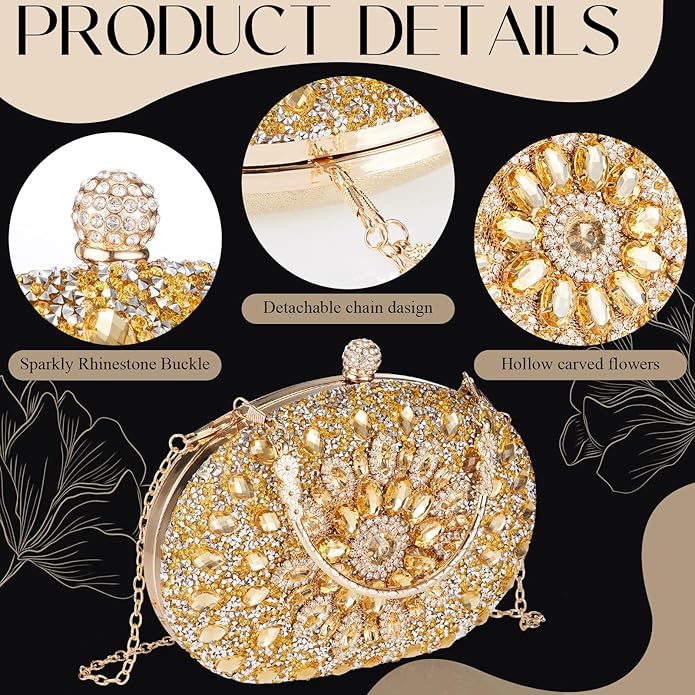 Quelay 4 Pcs Purse Rhinestone Jewelry Set Evening Clutch Bag Bling Crystal Necklace Dangle Earrings Bracelets Accessories
