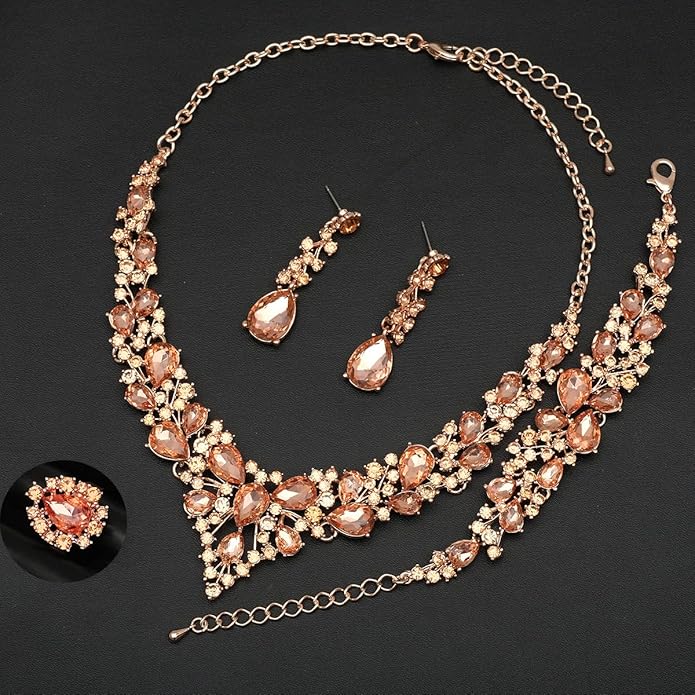 CSY 4 Pcs/Set Austrian Crystal Necklace Earrings Bracelet Ring Bridal Jewelry Sets for Brides Wedding Party Costume Accessories Gifts for Women