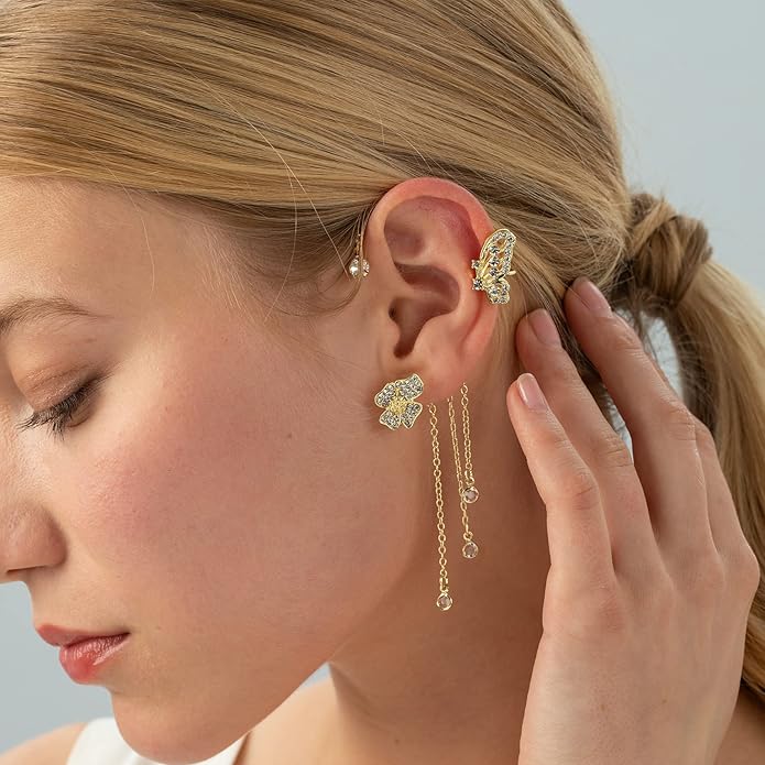 2PCS Butterfly Ear Cuffs Climber Wrap Around Earrings for Women Fairy No Piercing Ear Clip Gold Silver Jewelry Gift