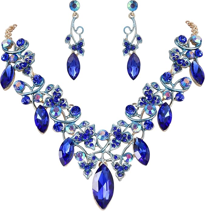 BriLove Women's Costume Fashion Crystal Floral Vine Leaf Statement Necklace Dangle Earrings Set