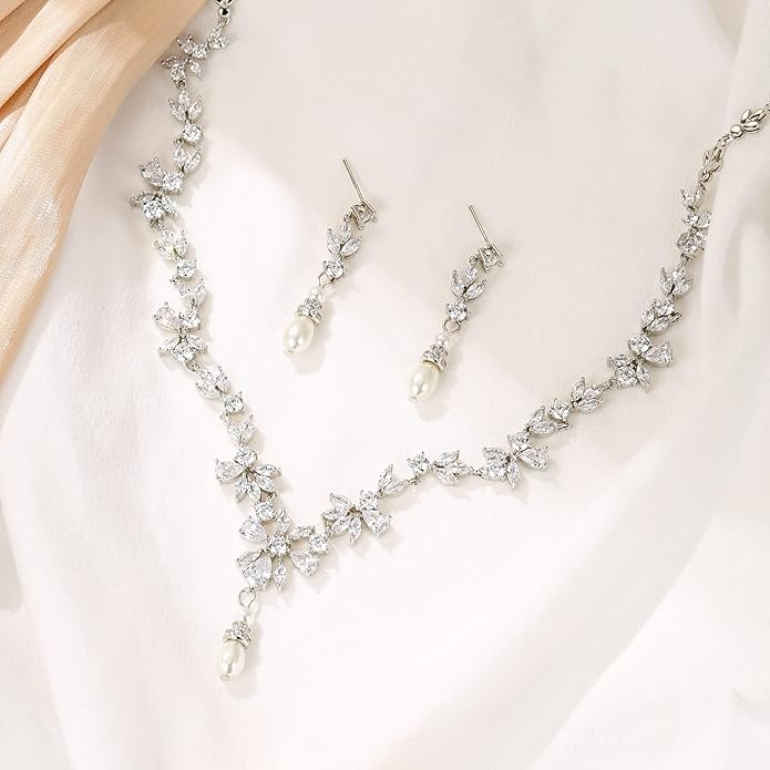 Crysdue Wedding Jewelry Set for Women, Floral Leaf Vine Teardrop Necklace Dangle Earrings Bracelet and Hair Comb, Cubic Zirconia Elegant Party Prom Jewellery for Bridal Bridesmaid