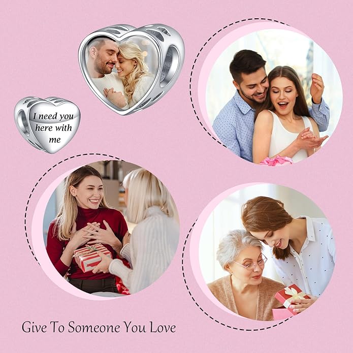 Annmors Personalized Photo Charms For Bracelets/Necklace 925 Sterling Silver Love Heart Shaped Engraved Customize Picture Gift for Birthday Mother's Day,Bead Charms Jewelry for Women