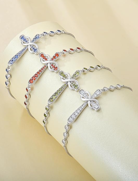 YL Cross Bracelet 925 Sterling Silver Infinity Sideways Link Bracelet Birthstone Jewelry for Women