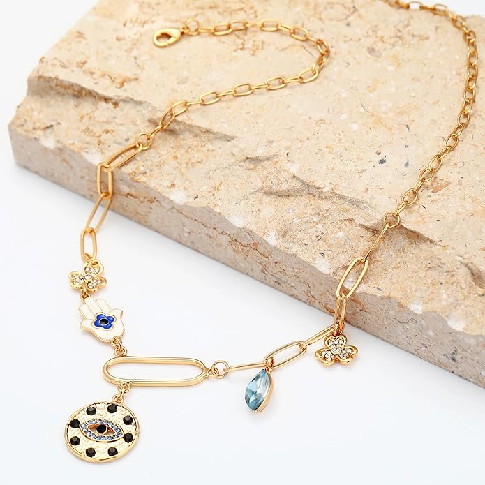 MISS RIGHT Dainty Gold Evil Eye Hamsa Hand Coin Lucky Charm Pendant Necklace for Women Trendy Vintage Paperclip Chain Sun Moon Clover Flower Chunky Charm Necklace Jewelry Gifts