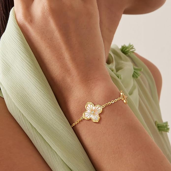 FETERO Gold Bracelets for Women Trendy, Dainty 14K Gold Plated Charm Clover Bracelet 2 Sided Lucky Pendant Cute Pearl Beaded Bracelets Link Chain Waterproof Womens Jewelry Gifts