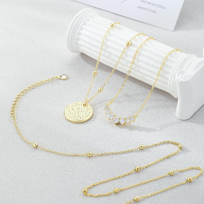 Layered Gold Silver Necklaces for Women, Stackable Stack 14K Real Gold Plated Silver Chain Necklace Diamond Circle CZ Layering Pendant Necklaces Trendy Gold Jewelry Set Gifts