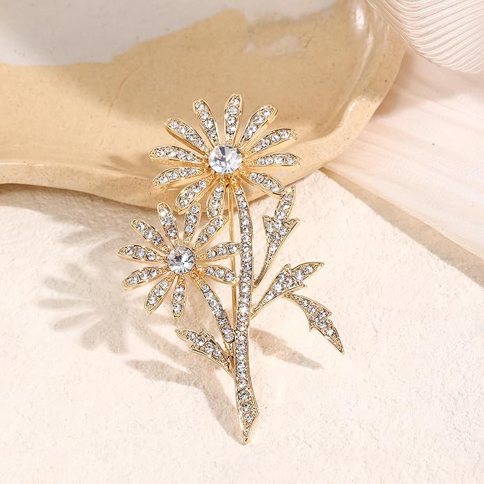 Crystal Brooch Vintage Floral Gold Pin Micro Pave Daisy/Tulip Rhinestone Embellishment for Women Holiday styles.