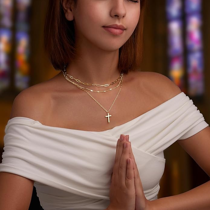 Layered Gold Necklaces for Women, Stackable Dainty 14K Gold Silver Plated Trendy Simple Heart Diamond Cross Bow Circle Pendant Paperclip Choker Dot Chain Necklace,Jewelry Set Gifts for Women