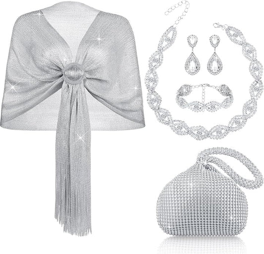 Hicarer 5 Pcs Dressy Jewelry Sets, Silver Shawls and Wraps, Clutch Purse for Homecoming Prom Evening Women Formal