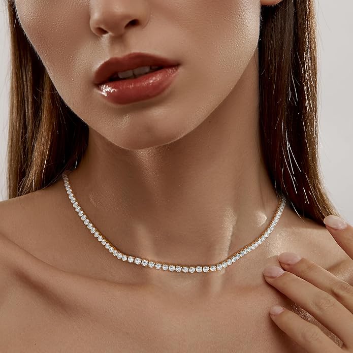 Tennis Necklace for Women, 14K Gold/Silver Plated Rhinestone Choker Necklace for Women, Dainty Cubic Zirconia Cut Faux Diamond Chain