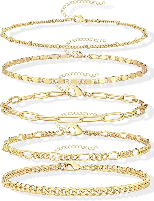 Gold Bracelets Set for Women Non Tarnish Trendy,14K Gold Plated Dainty Stackable Paperclip Cuban Link Chain Bracelets, Simple Cute Cuff Bracelets Jewelry Set Adjustable 7"+2"