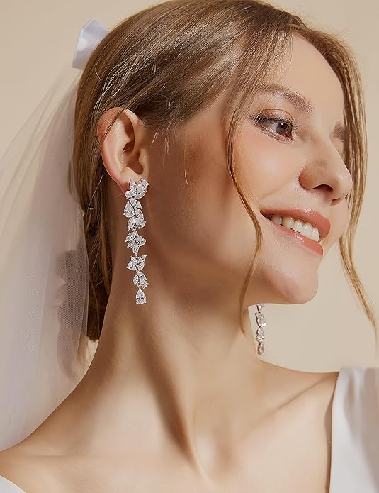 EAMTI Silver Dangle Earrings for Women Cubic Zirconia Marquise Bridal Wedding Earrings 925 Sterling Silver Post Engagement Earring