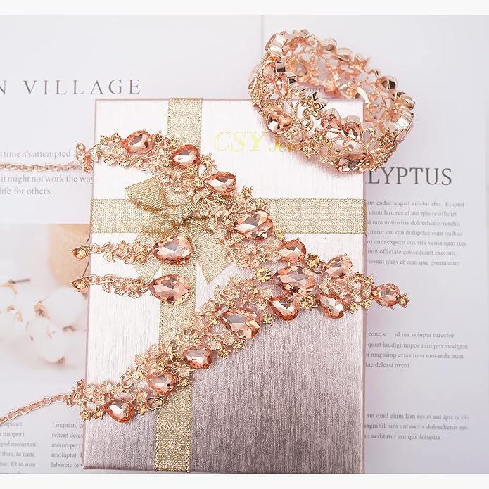 CSY Elegant Crystal Costume Jewelry Sets Flower Bridal Necklace Earrings Stretch Bangle Set for Bride Bridesmaid Wedding Dress Accessories
