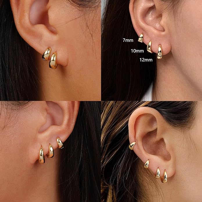 CHESKY 4 Pairs Small Huggie Hoop Earrings for Women - Chunky 14K Gold Plated/Silver Plated Lightweight Earring Stacks Cartilage Hoop Earrings Set for Multiple Piercing Trendy Jewelry