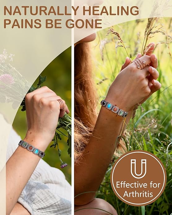 Feraco Pure Copper Bracelets & Rings for Women, Ultra Strength Magnetic Bracelet with 3800 Gauss Magnets & Natural Turquoise & Stones, Adjustable, Jewelry Gift