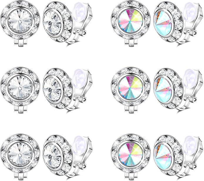 FIBO STEEL Clip on Halo Earrings Rhinestone Earrings Crystal Earrings for Women Round Acrylic Stone Inside Dance Competitions Stage Opera Performance Wedding Party Jewelry