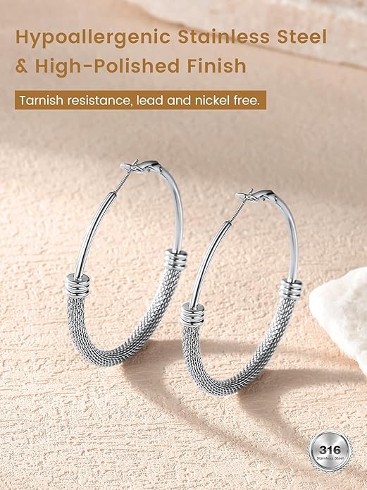 KeyStyle Mesh Hoop Earrings for Women, Stainless Steel Gold Hoops Earring Lightweight Loops, 2MM Thick Hypoallergenic Circle Endless Hollow Hoop 20mm-80mm