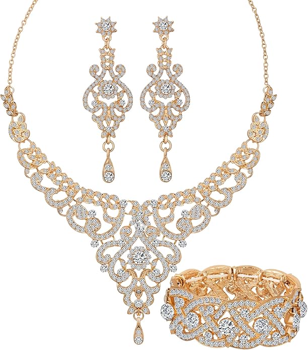 Silver Gold Plated Wedding Jewelry Sets Bridal Necklace Rhinestone Earrings Bracelets