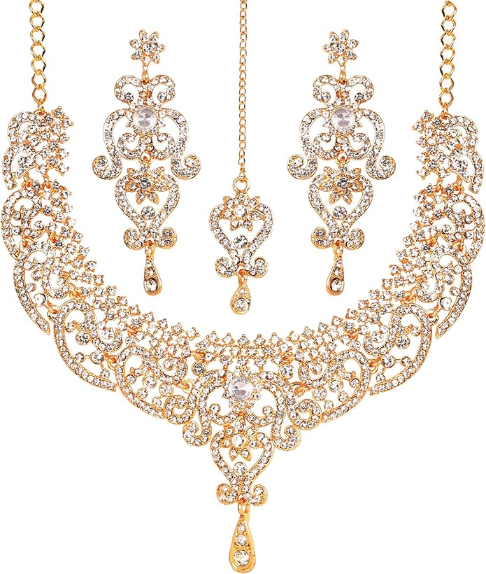 Touchstone Indian jewelry set for women bollywood gold jewellery wedding outfits necklace sets earrings bridal maang tikka fancy costume girls big desi accessories rhinestone in gold or silver tone