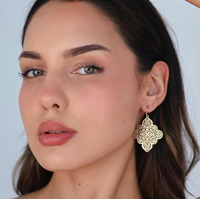 POMINA Floral Celtic Filigree Gold Dangle Drop Earring Boho Fashion Geometirc Filigree Earrings for Women