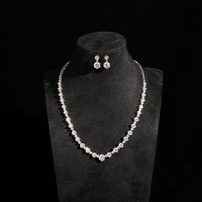 Wedding Jewelry Set For Women Bridal Brides Bridesmaid Classic Cubic Zirconia Necklace And Earrings For Prom Party