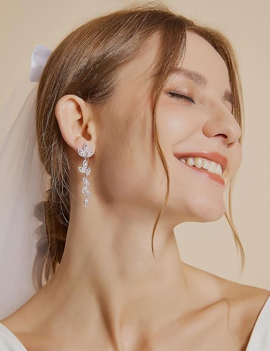 EAMTI Silver Dangle Earrings for Women Cubic Zirconia Marquise Bridal Wedding Earrings 925 Sterling Silver Post Engagement Earring