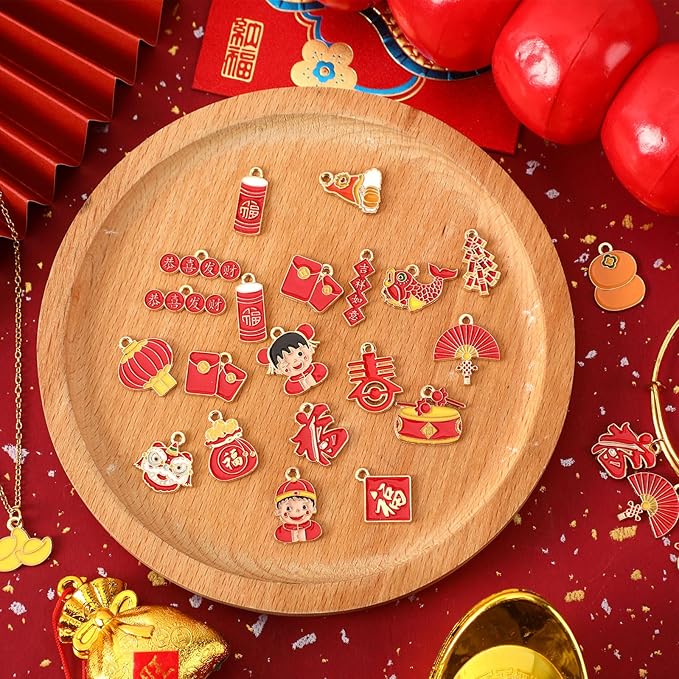 MARFOREVER Chinese New Year Charms, 40 Pcs/20 Pairs Gold Enamel Charms for Jewelry Making, Alloy Chinese Lucky Charm Pendants for Jewelry Bracelet Necklace Making