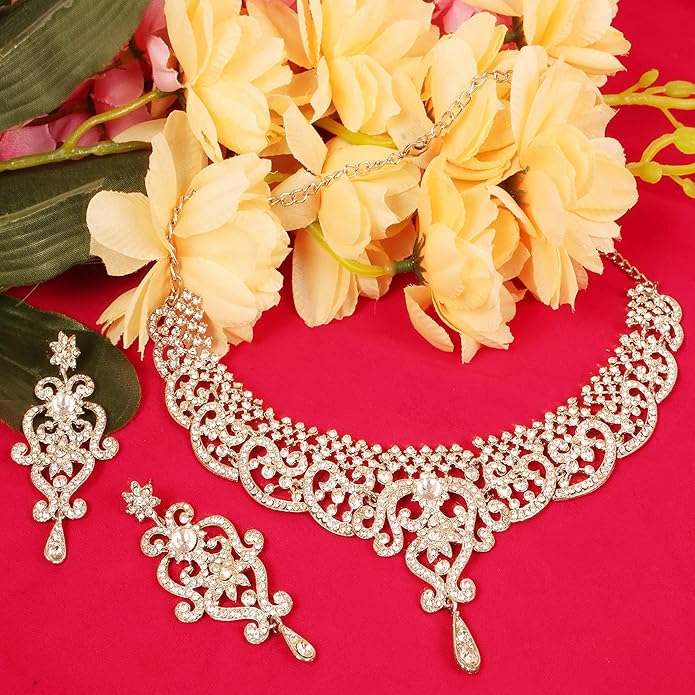 Touchstone Indian jewelry set for women bollywood gold jewellery wedding outfits necklace sets earrings bridal maang tikka fancy costume girls big desi accessories rhinestone in gold or silver tone