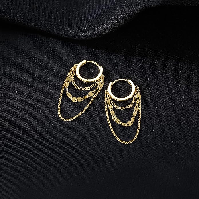 Reffeer Solid 925 Sterling Silver Chain Drop Earrings Hoop for Women Teens Hoop Earrings Tassel Chain Huggie Dangle Earrings